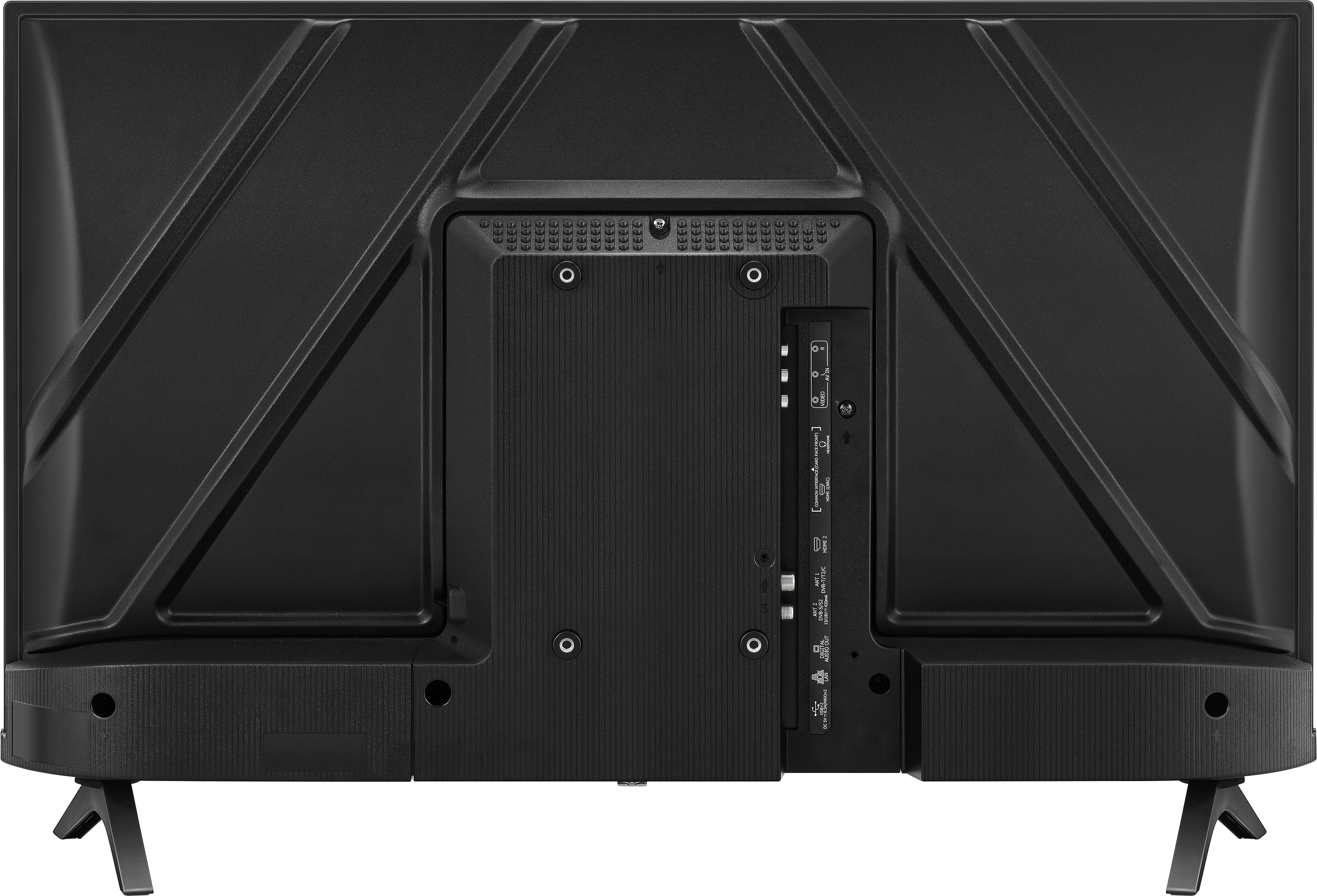 Rückseite eines schwarzen Hisense-Fernsehers mit Anschlüssen, darunter HDMI und USB.