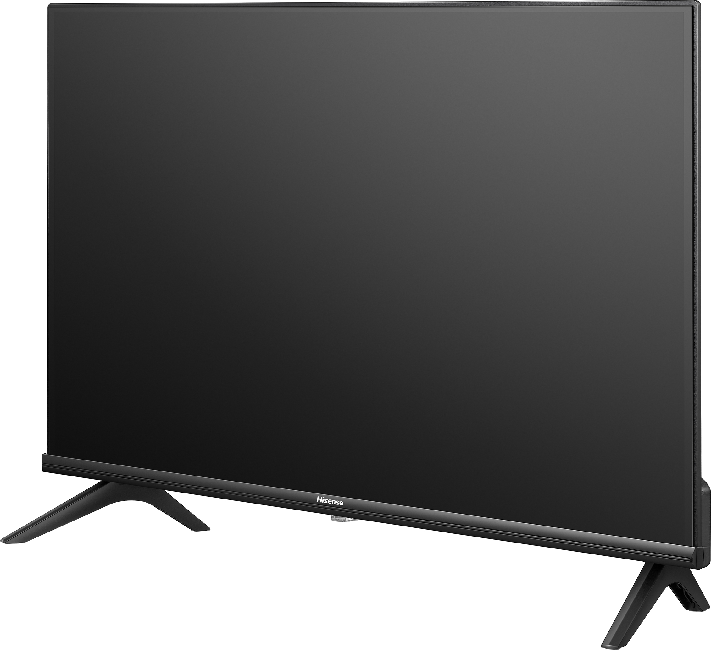 Schwarzer Hisense-Fernseher auf weißem Hintergrund. Der Fernseher ist schräg gestellt.