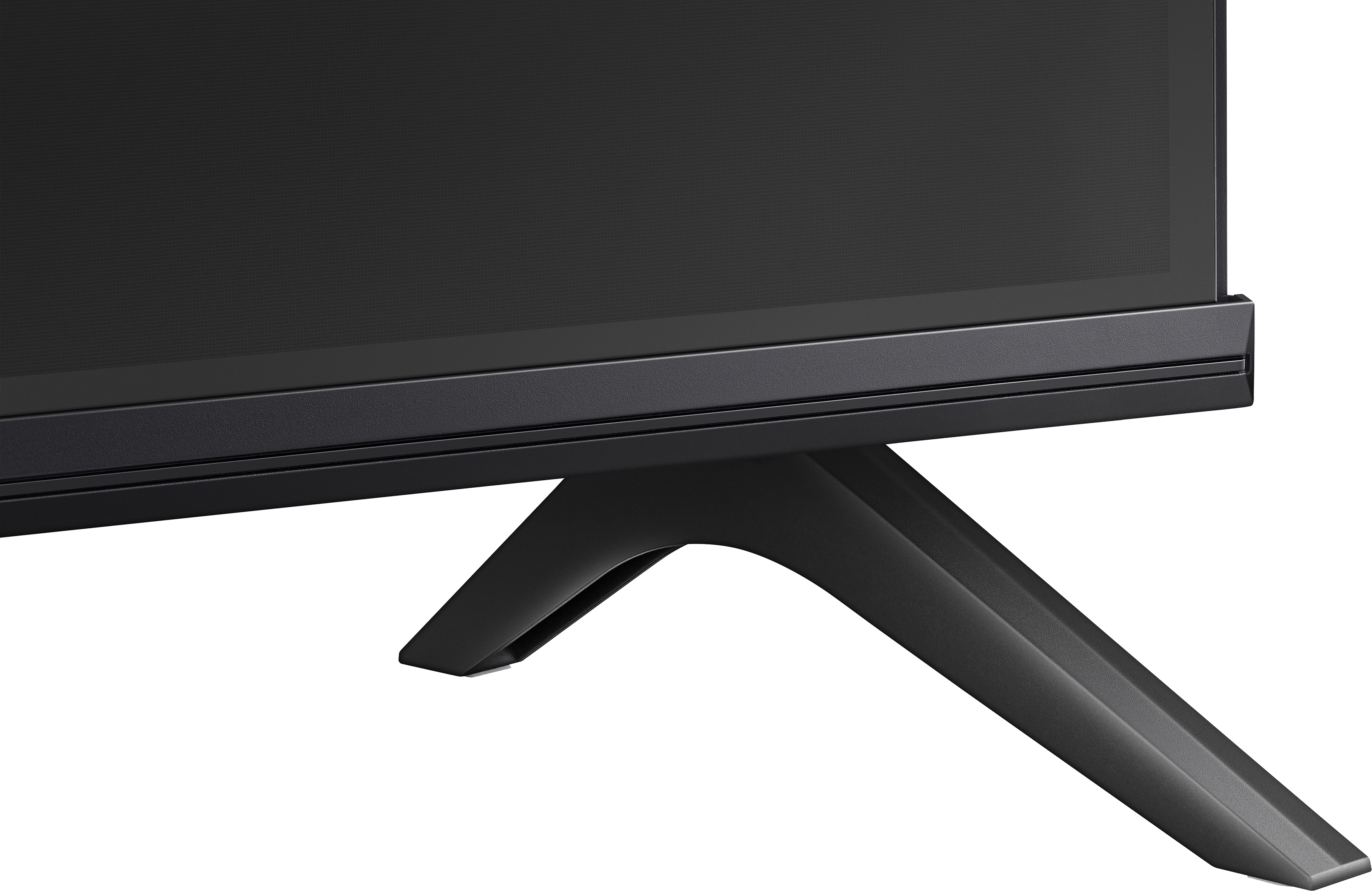 Ein schwarzer TV-Ständer mit schlankem Design, leicht von unten abgewinkelt.