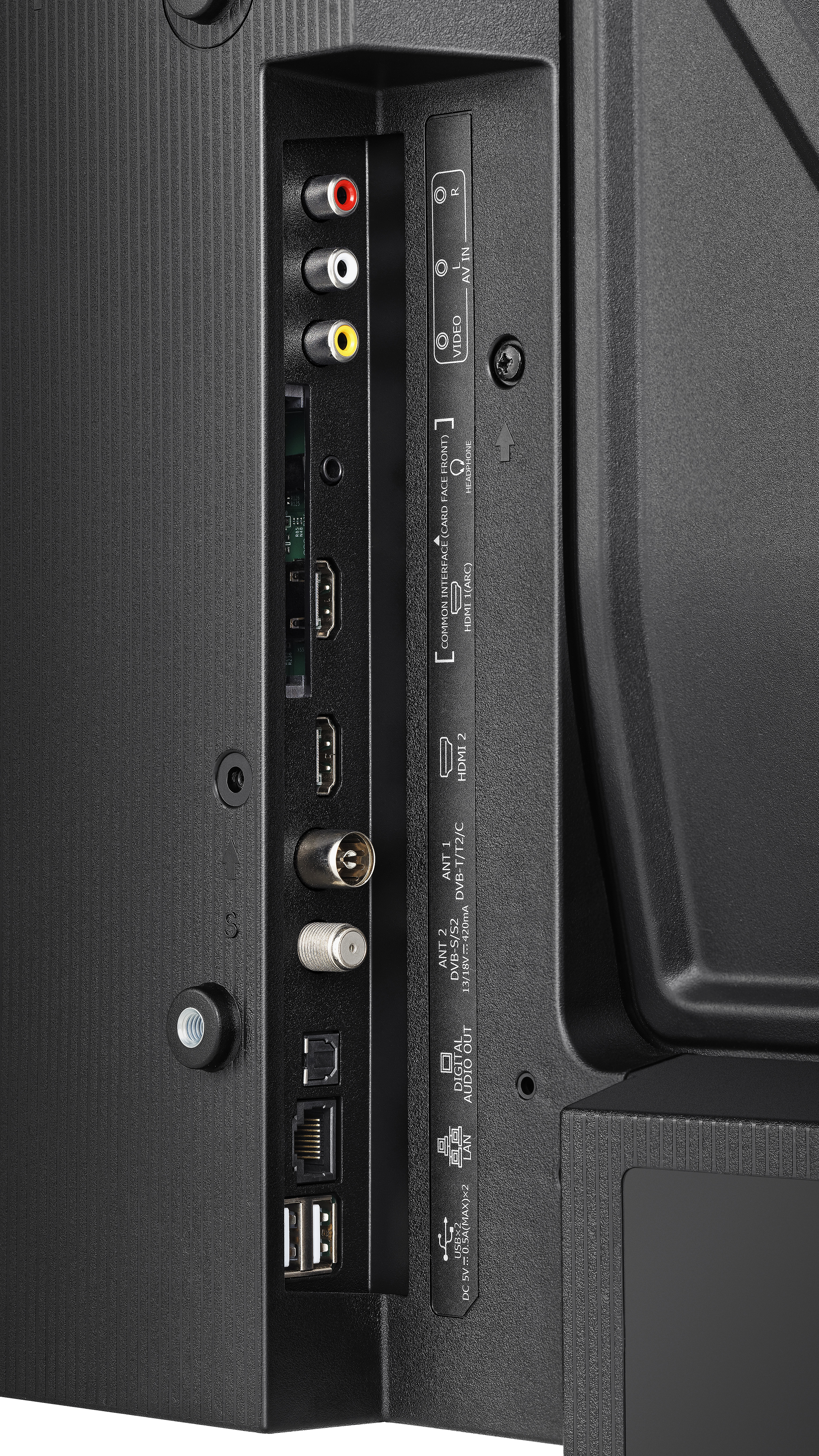 Rückseite des Fernsehers mit verschiedenen Anschlüssen, HDMI, USB und Audioausgang.