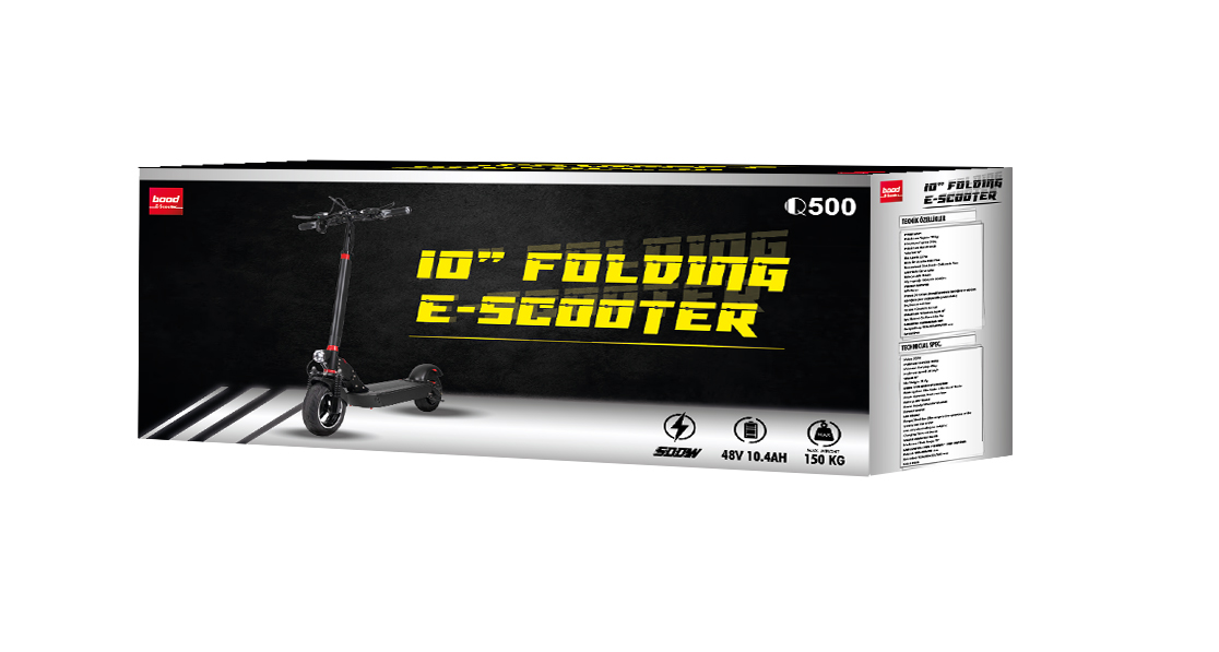 E-scooter kutusu. Siyah scooter görüntüsü, '10" FOLDING E-SCOOTER' yazısı ve özellikleri.