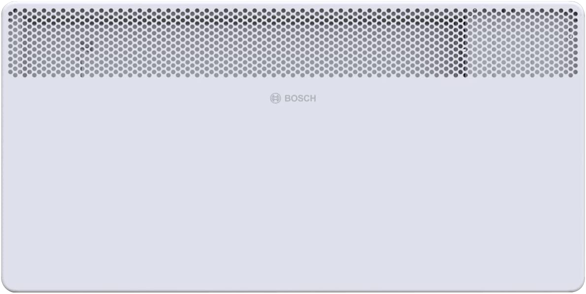 Fehér Bosch elektromos fűtőtest perforált tetővel és Bosch logóval fehér háttéren.