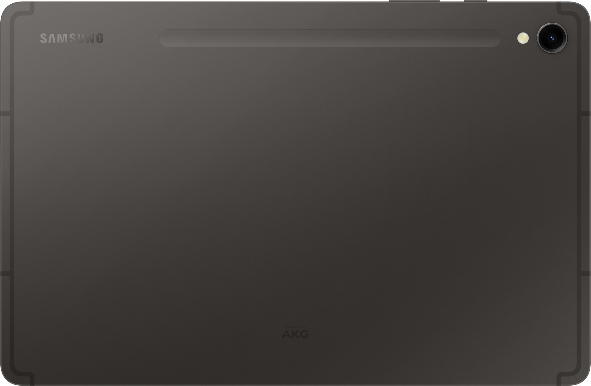 Egy sötétszürke tablet hátulja kamerával és tollal.