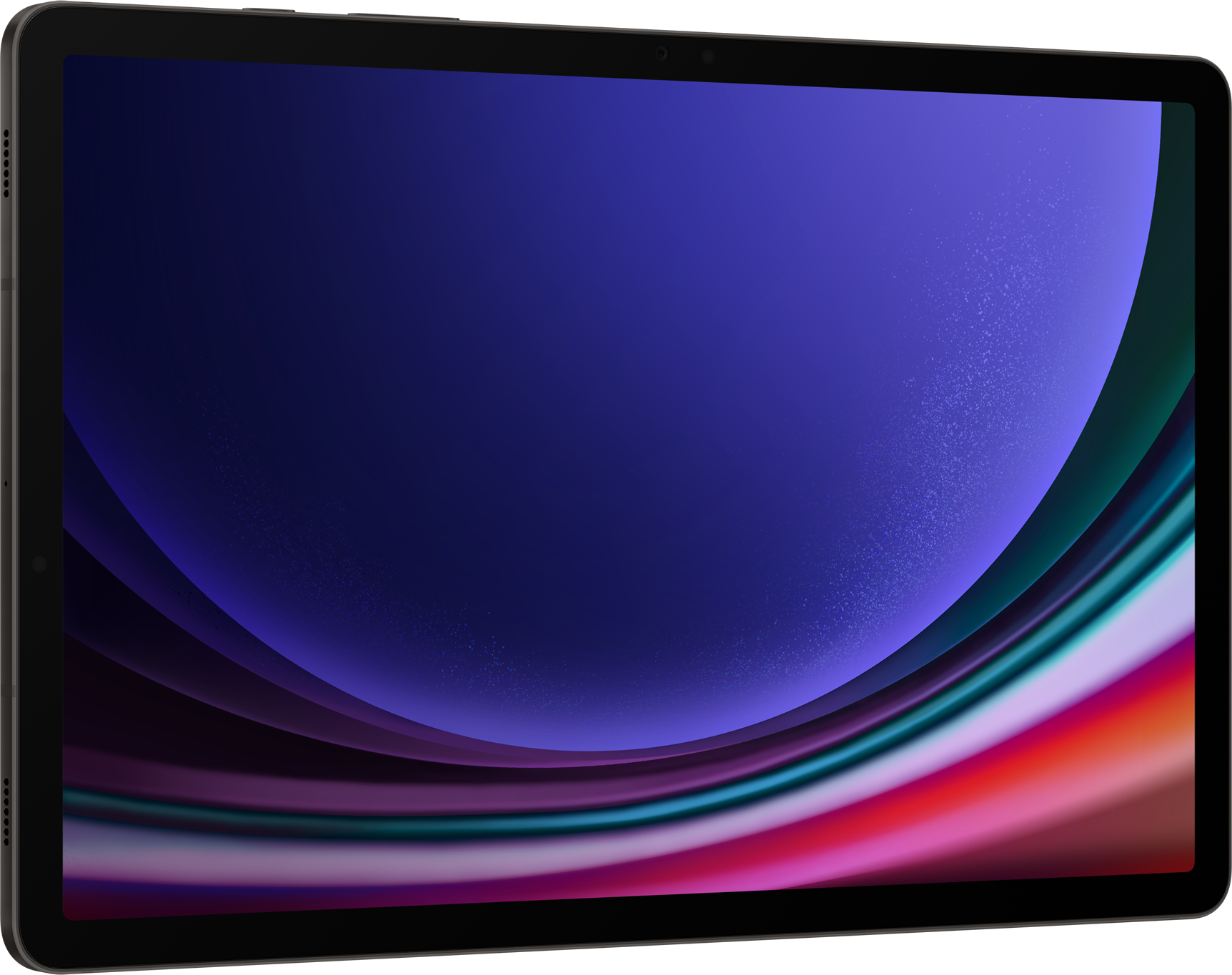 Tablet, színes képernyővel, amely kék, lila és piros dizájnt mutat.