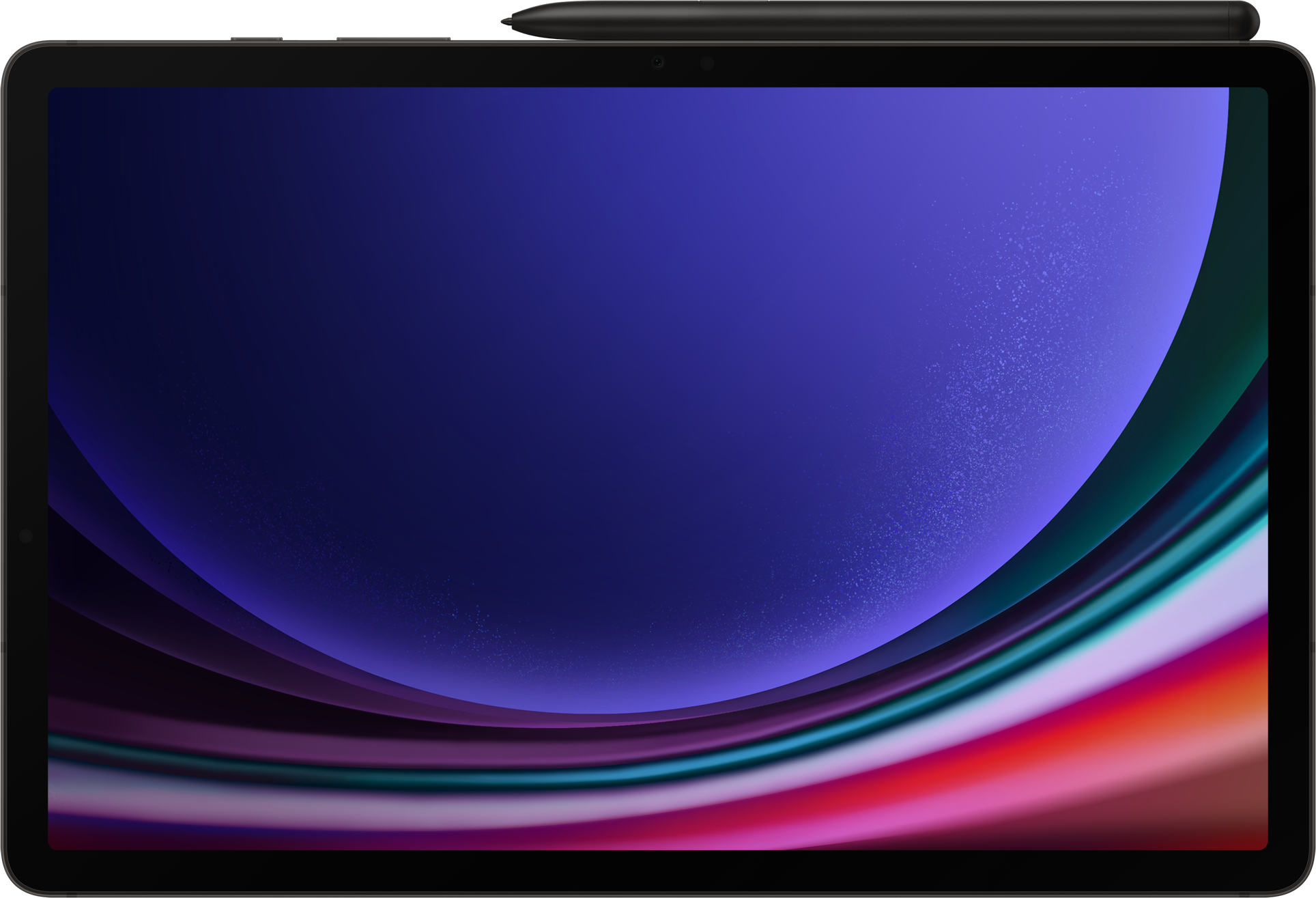 Egy tablet sötétkék és lila képernyővel, rajta egy tollal.