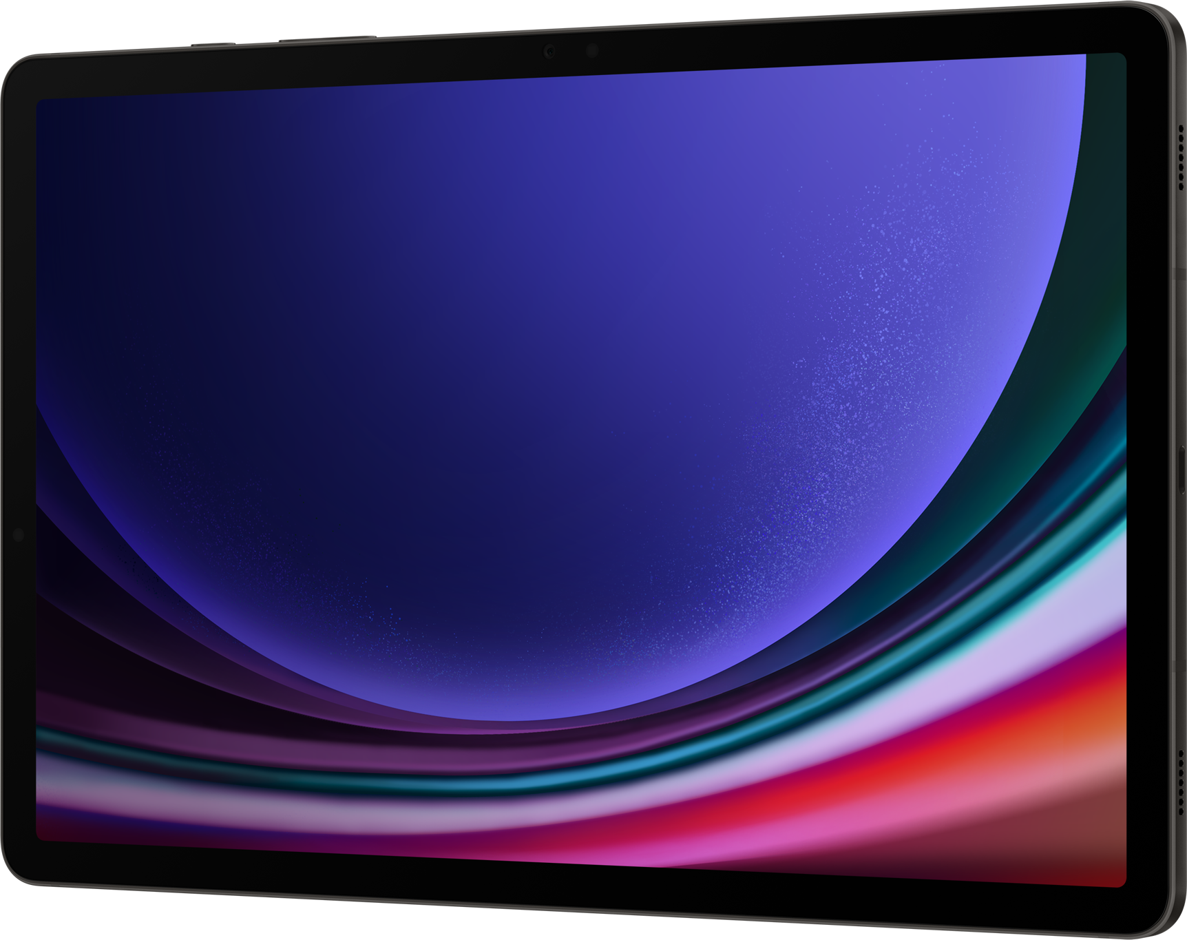 Tablet kék és lila absztrakt háttérrel, szögből fotózva.