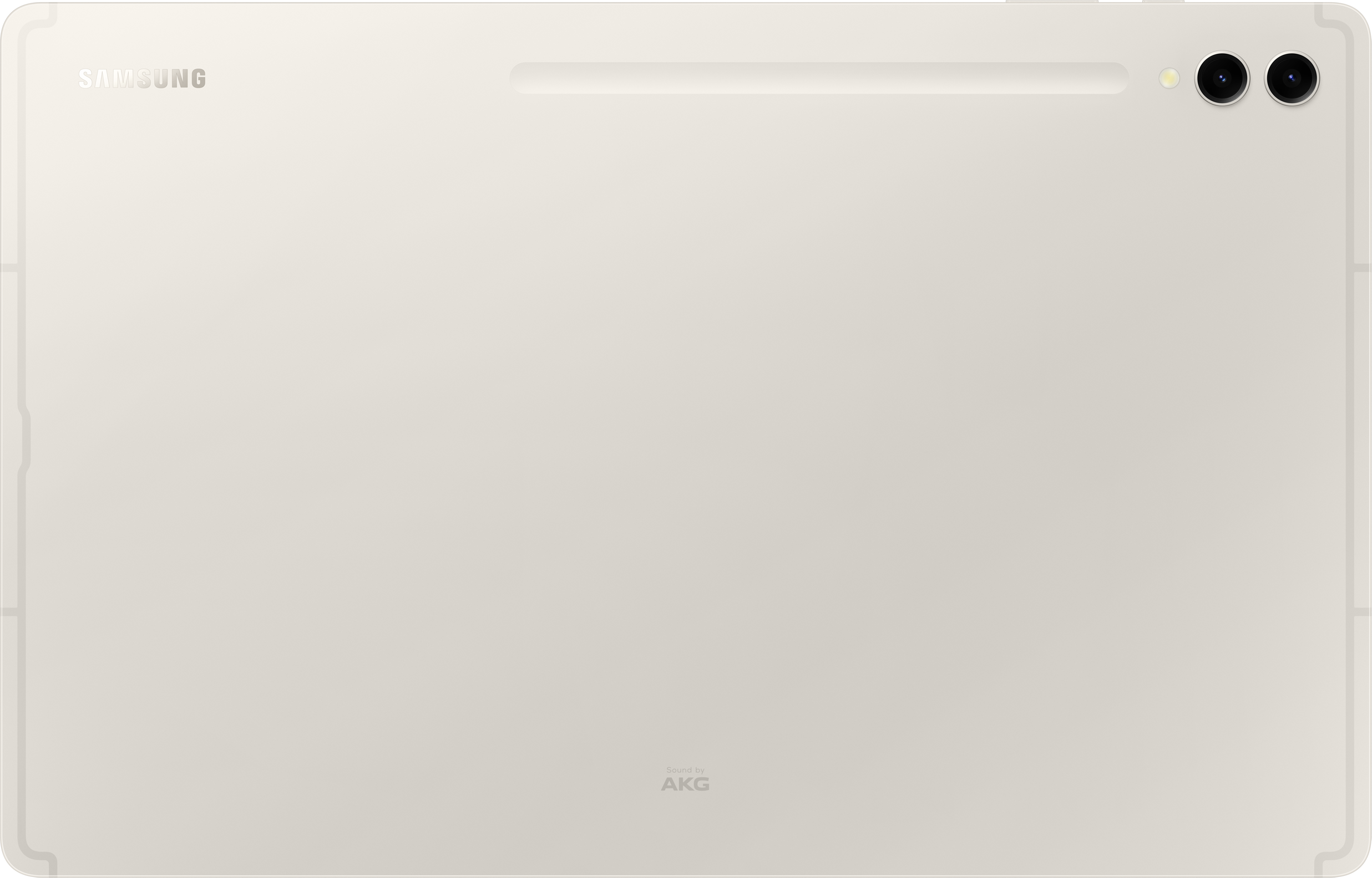Egy bézs színű Samsung tablet hátulja, Samsung logóval, AKG logóval és kamerákkal.