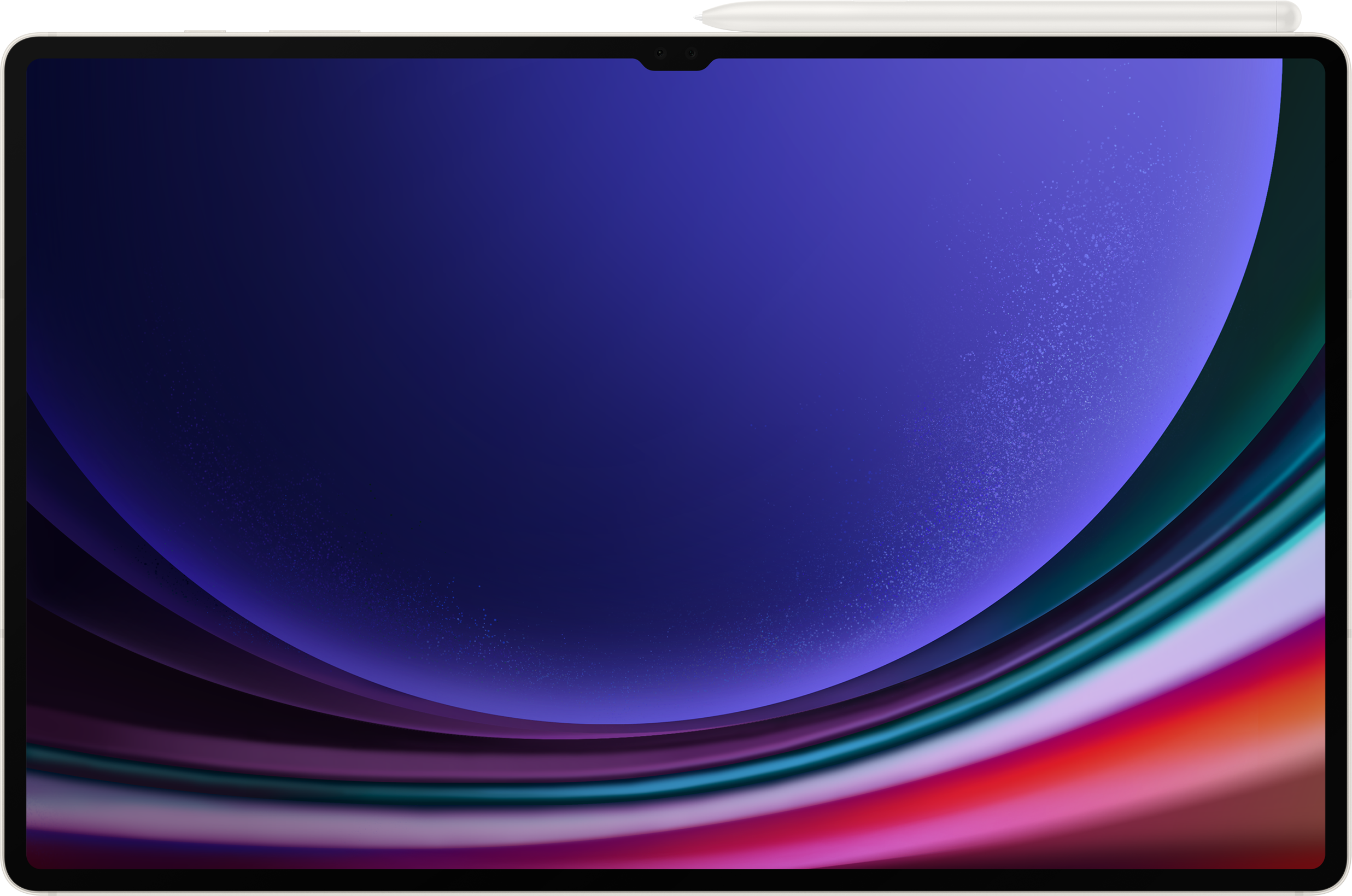 A tablet képernyője színes absztrakt képet jelenít meg, felül fehér ceruzával.