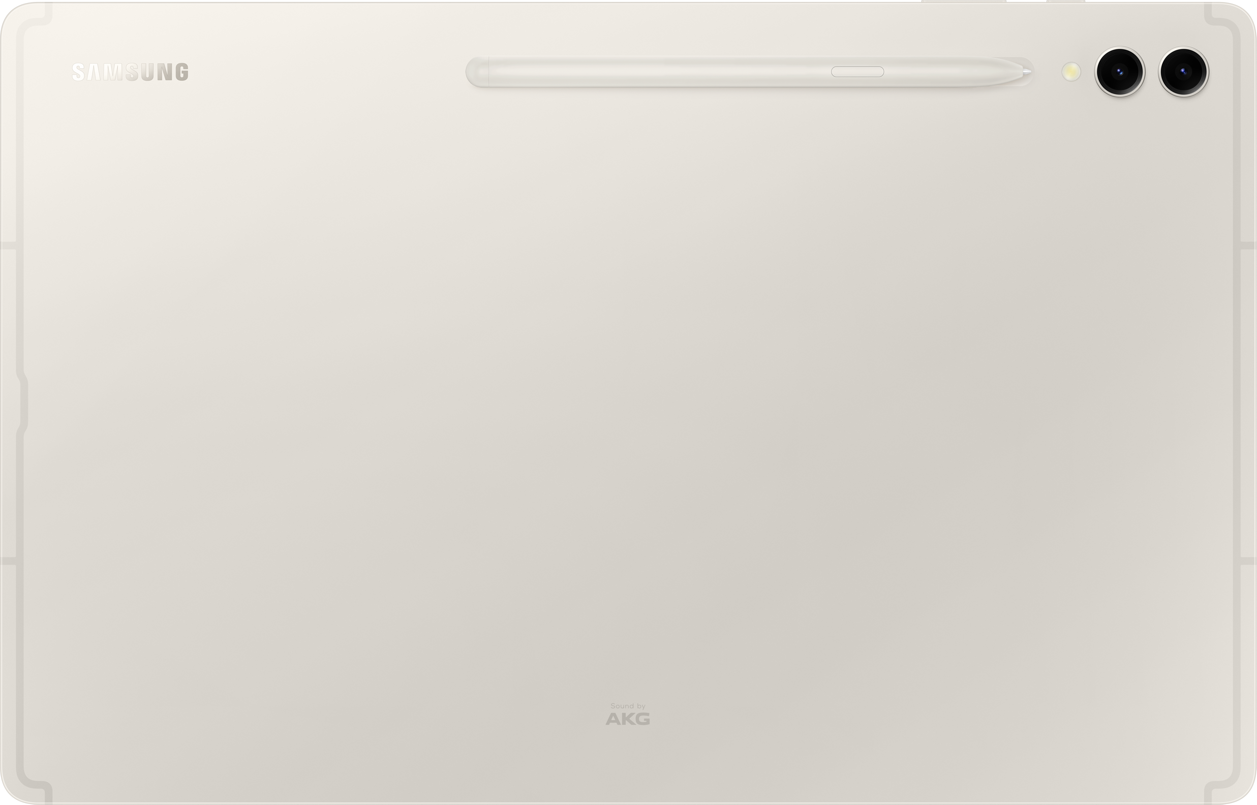 Bézs színű Samsung tablet hátlapja. Egy toll van hozzá csatolva. Két kamera van a jobb felső sarokban. A márkanév felül van.
