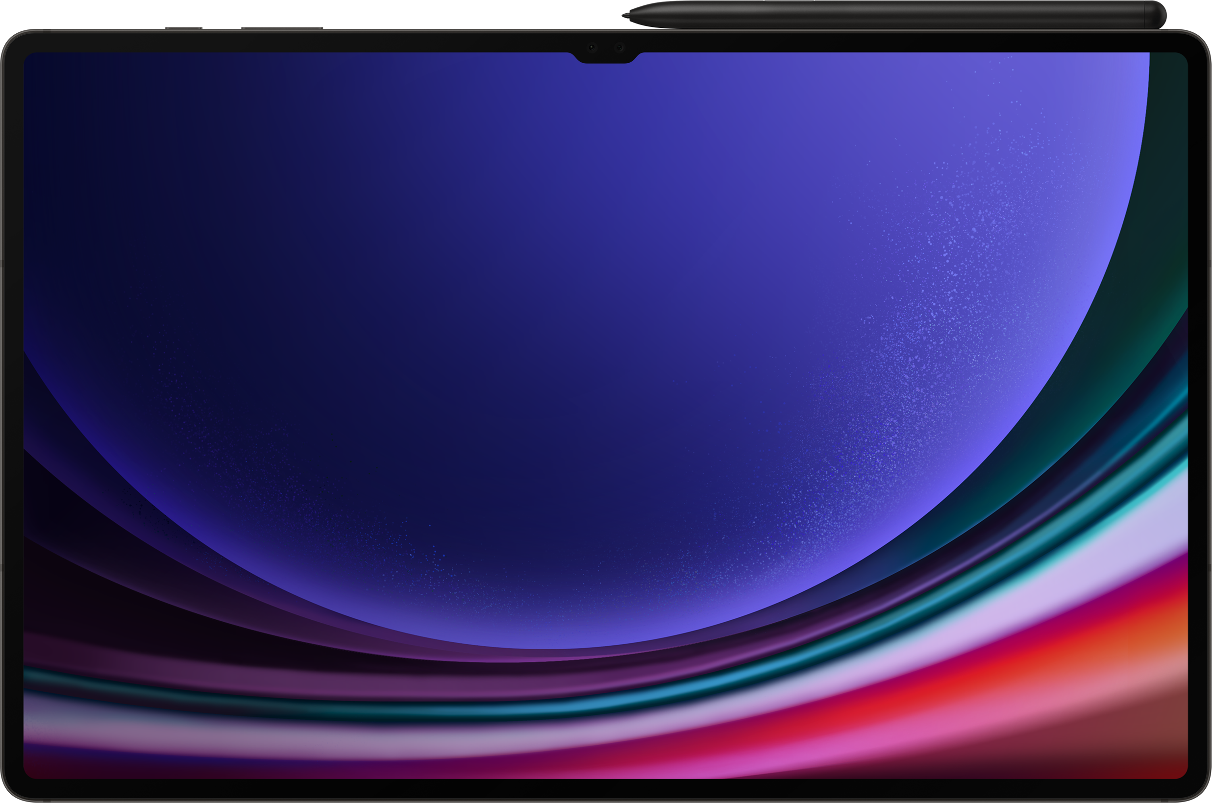 Tablet kék, lila, piros és zöld színátmenetes kijelzővel és fekete tollal.