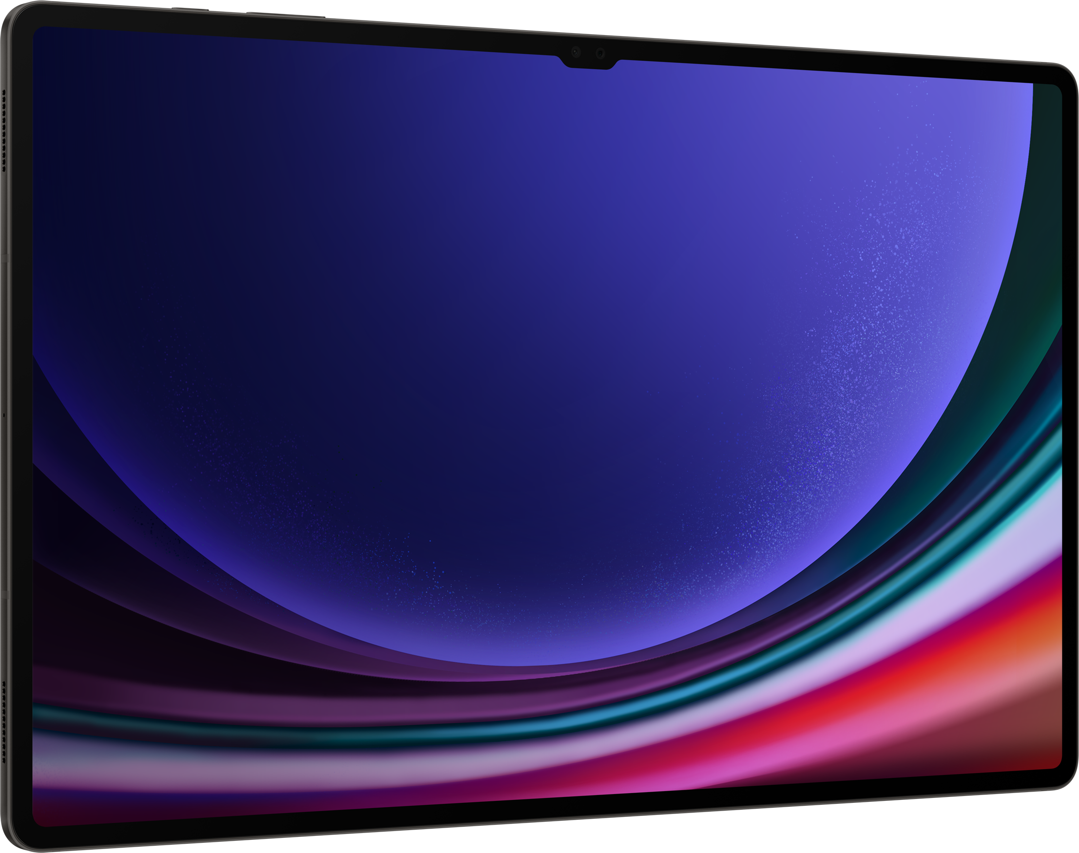 Tablet képernyőjén kék és lila absztrakt design látható. A képernyő fekete kerettel rendelkezik.