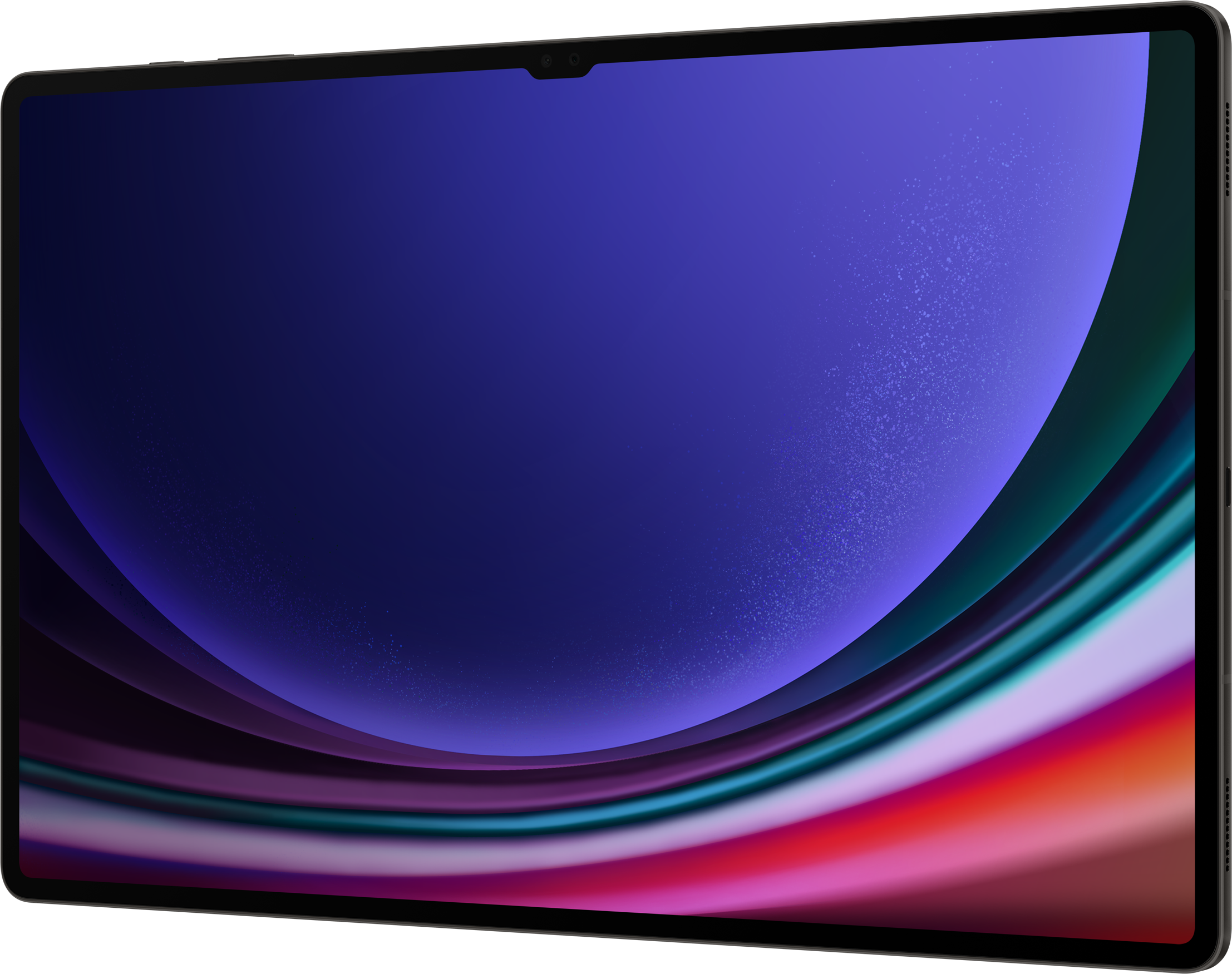 Egy tablet sötétkék és többszínű képernyővel.