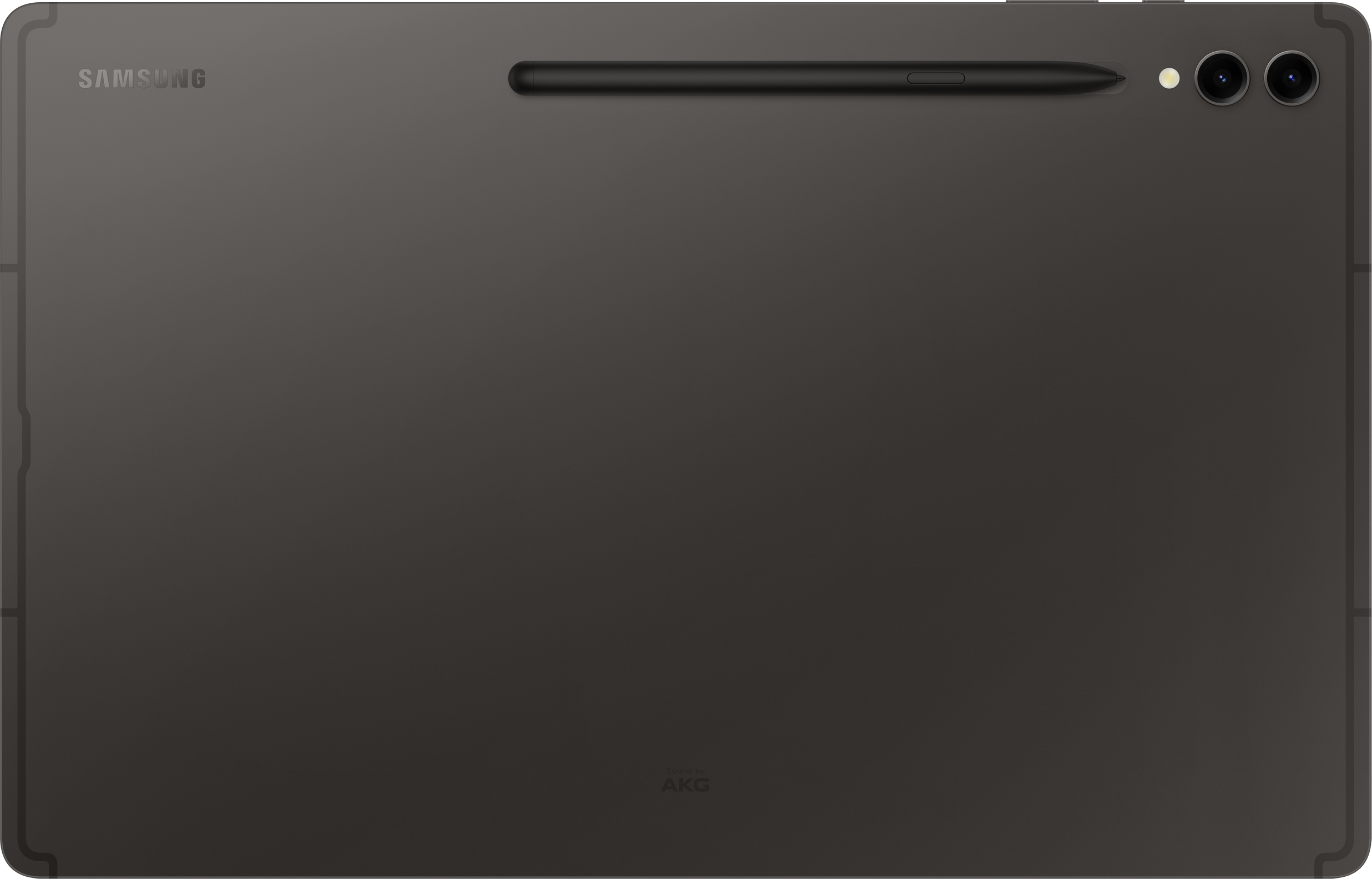 A sötétszürke táblagép hátulja tollal és kamerával.