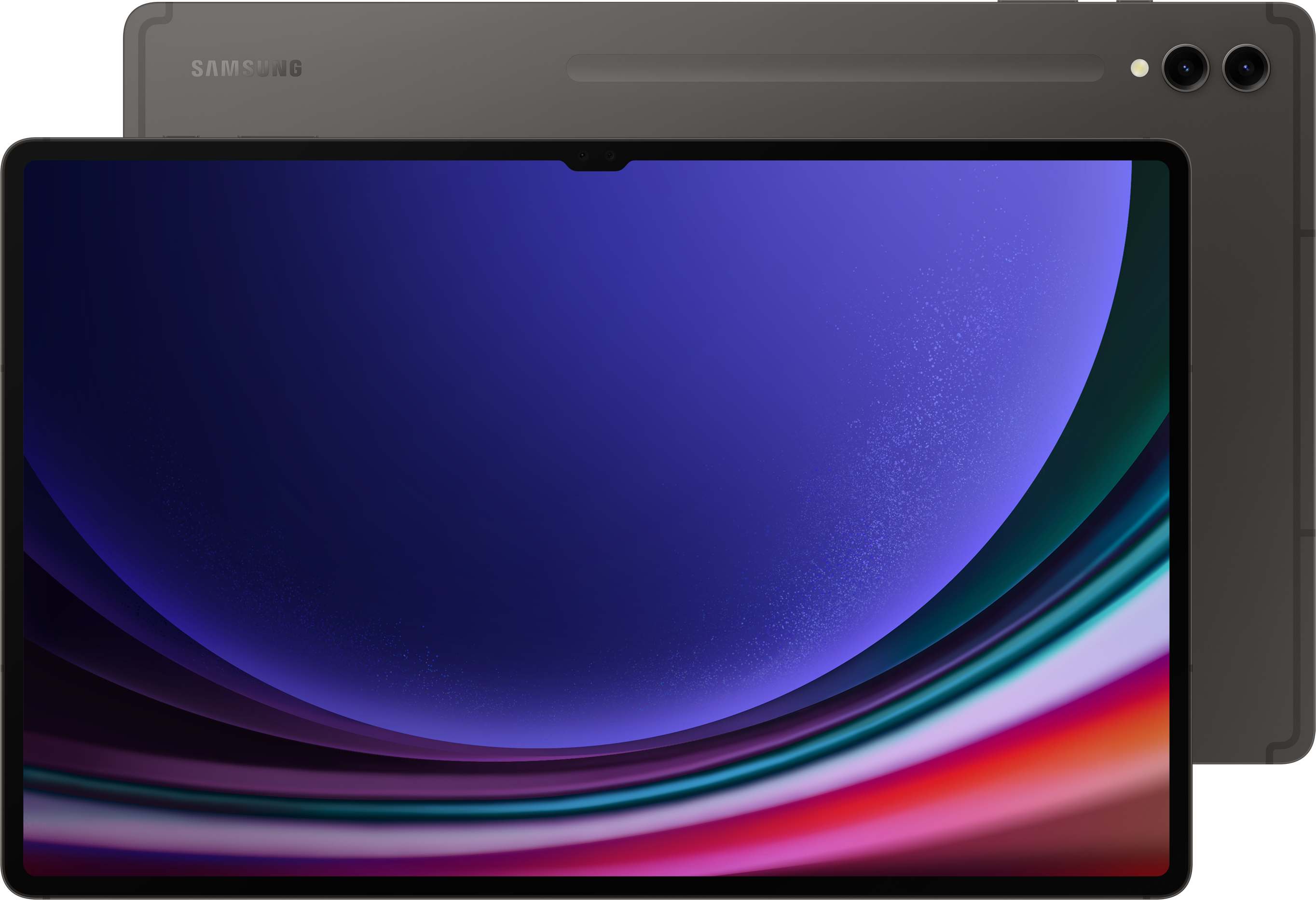 Egy tablet kék és színes absztrakt dizájnnal a képernyőn. A hátlap sötétszürke.