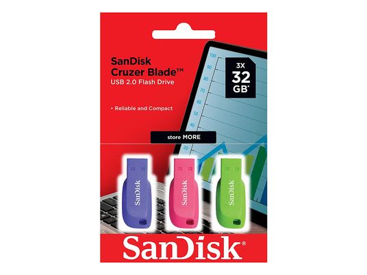 SANDISK Cruzer Blade (3 Stück) - USB-Stick  (32 GB, Blau/Rosa/Grün)
