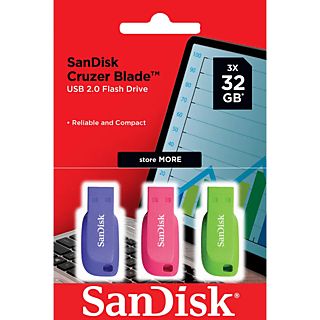 SANDISK Cruzer Blade (3 Stück) - USB-Stick  (32 GB, Blau/Rosa/Grün)