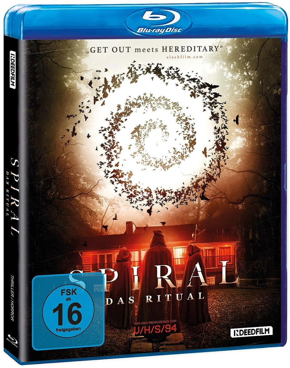 Blu-ray-Disc-Hülle mit Filmplakat. Das Poster zeigt einen dunklen Wald mit Figuren und Vögeln.