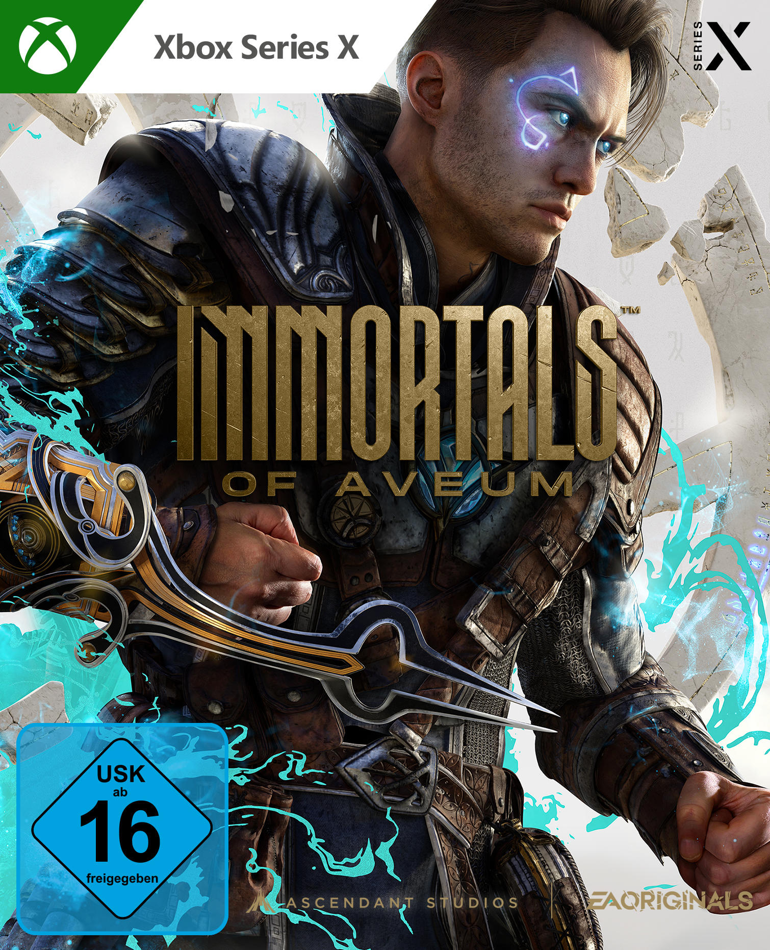 Spielcover: Mann mit leuchtendem Gesicht hält eine Waffe. Titel: Immortals of Aveum. Xbox Series X Logo.