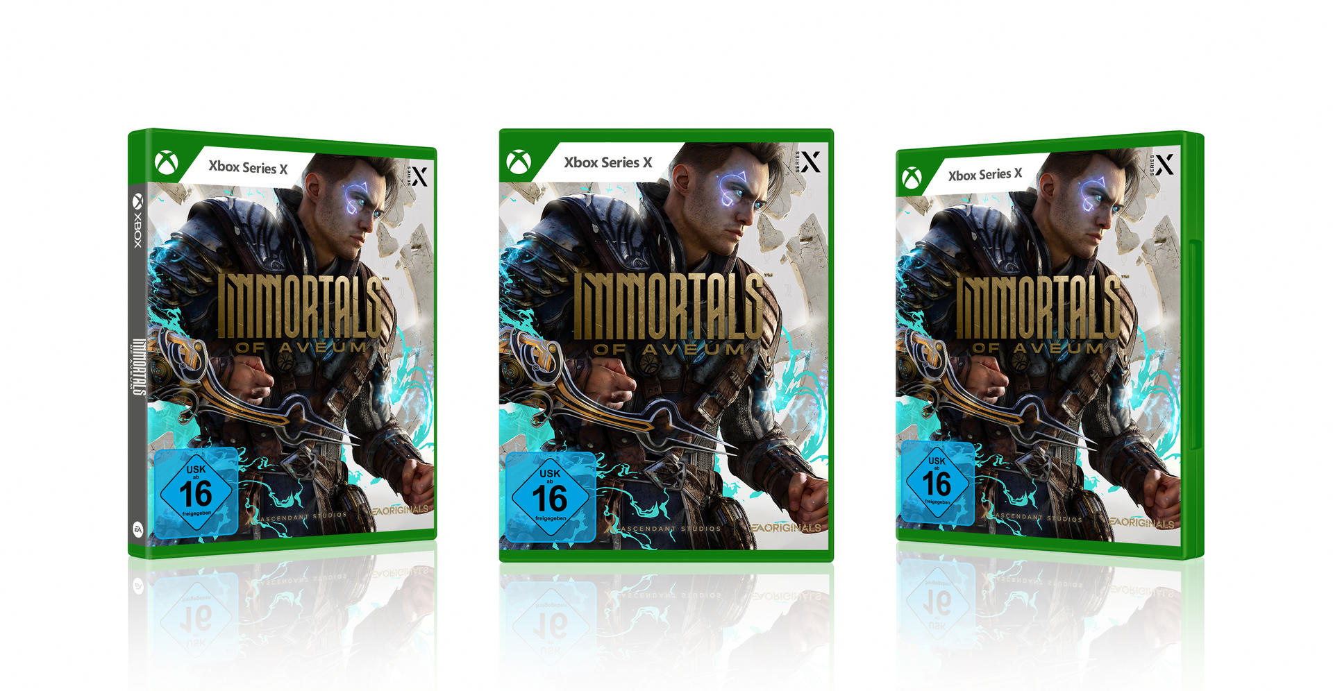 Drei Spielboxen für Xbox Series X, die einen Mann in Rüstung zeigen.