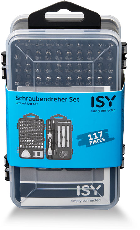 ISY Schraubendreher-Set-Box. Enthält verschiedene Bits und einen Schraubendreher. 117 Teile sind enthalten.