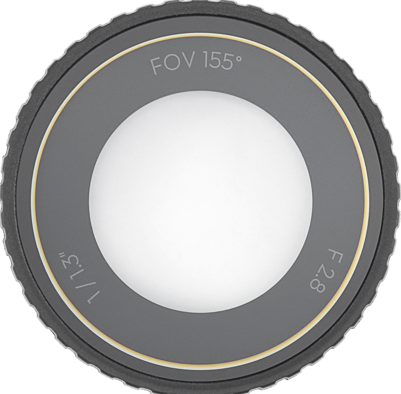 Gros plan d'un objectif d'appareil photo avec des anneaux gris et noirs. Il affiche 'FOV 155°', '1/1.3"' et 'F 2.8'.