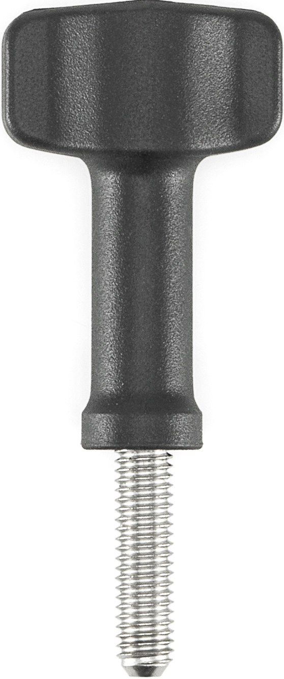 Vis à oreilles noire avec un poteau en métal argenté fileté.