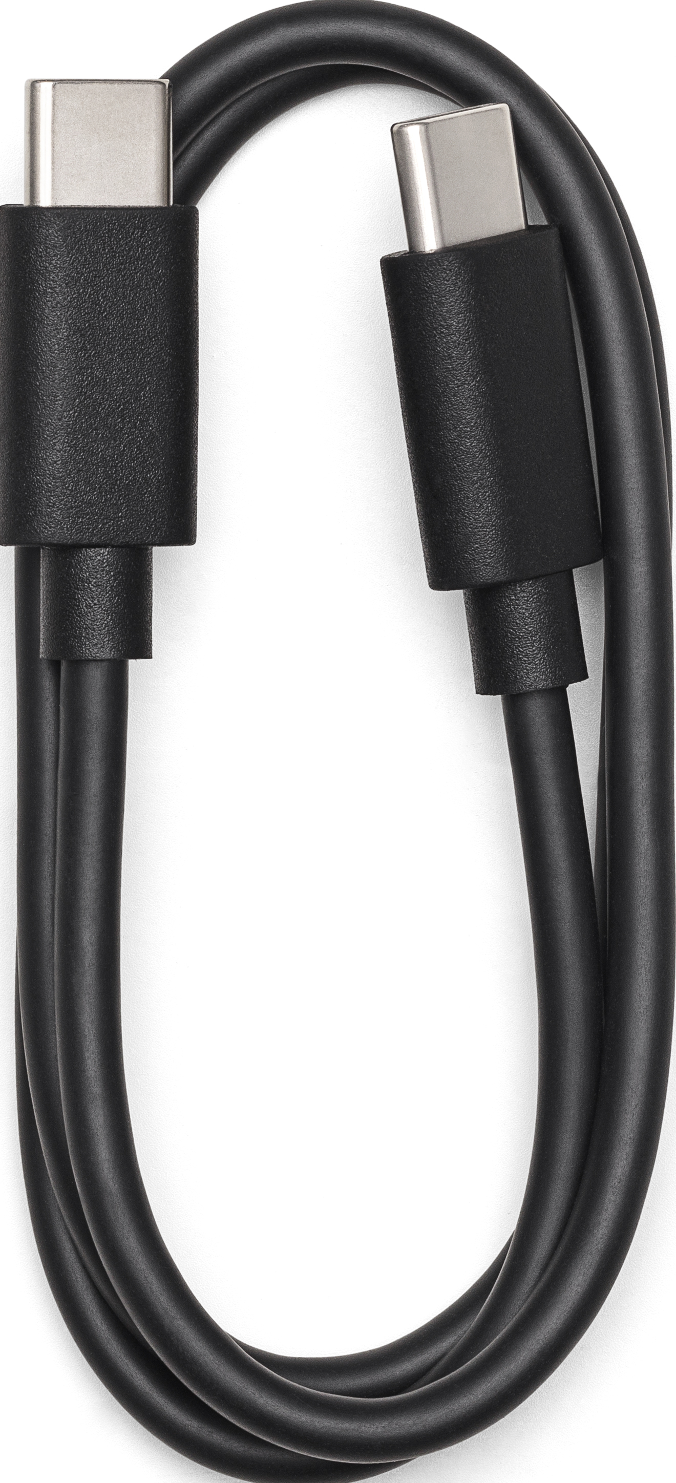 Câble USB-C noir. Il possède deux connecteurs USB-C à chaque extrémité, avec une finition noire mate.