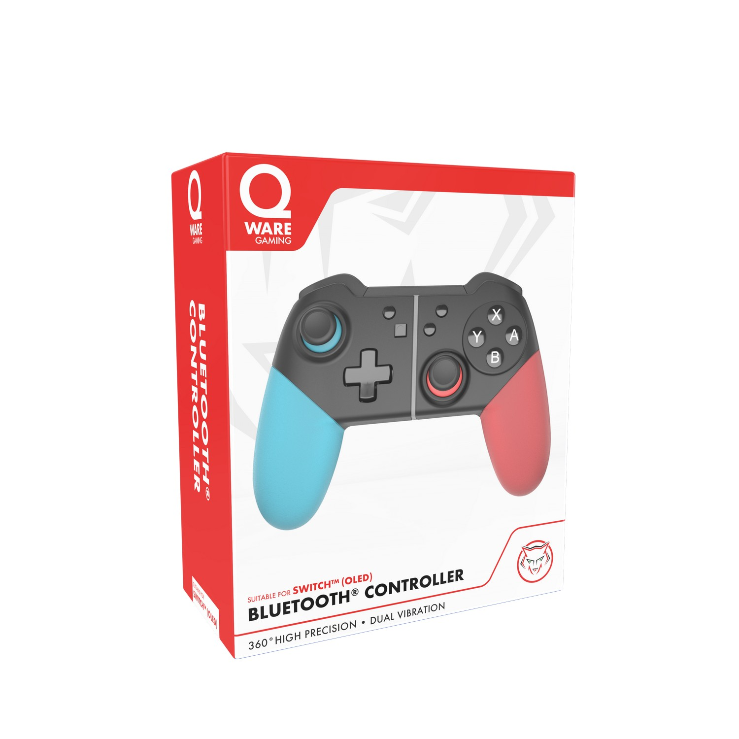 Manette de jeu dans une boîte, côtés rouge et bleu, avec des boutons noirs et un anneau rouge.