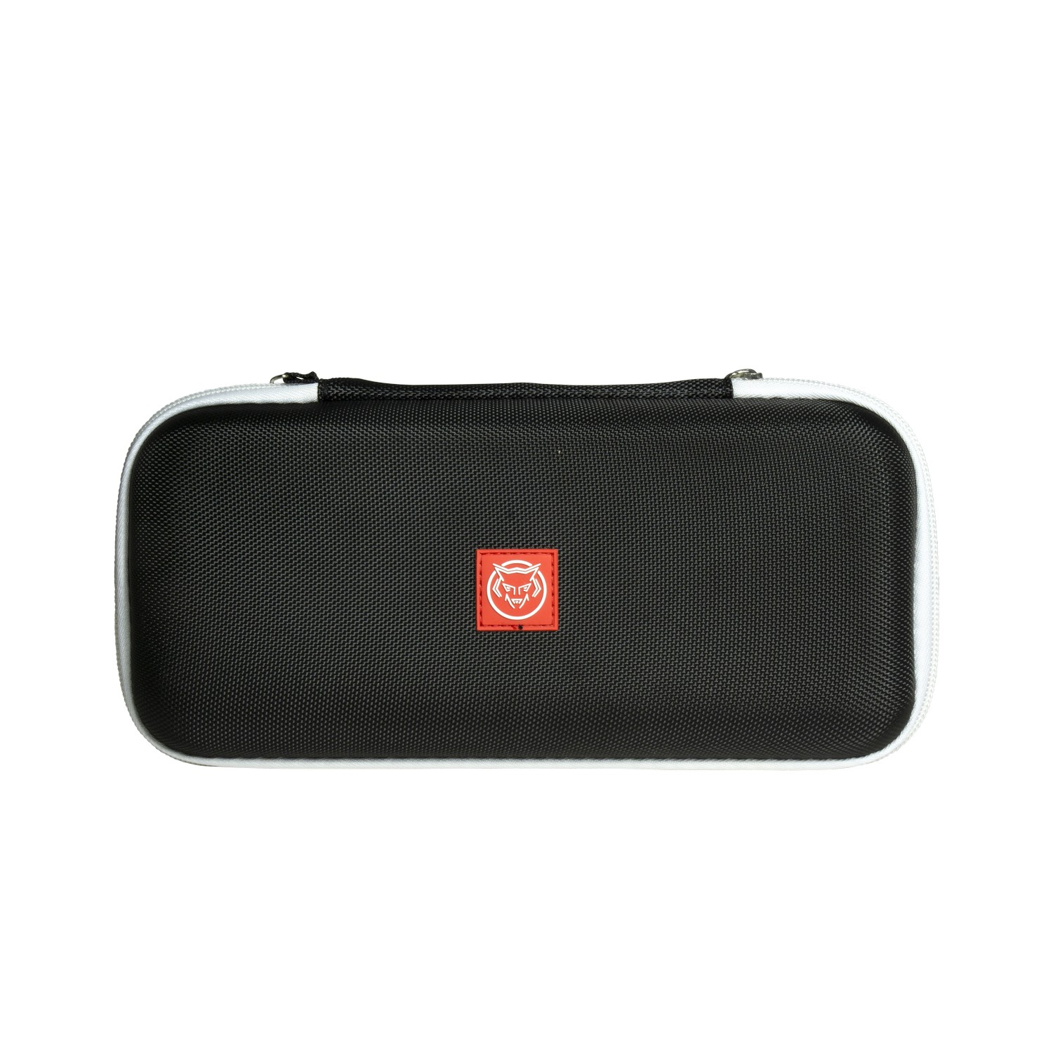 Black and white case with a red logo on a white background.