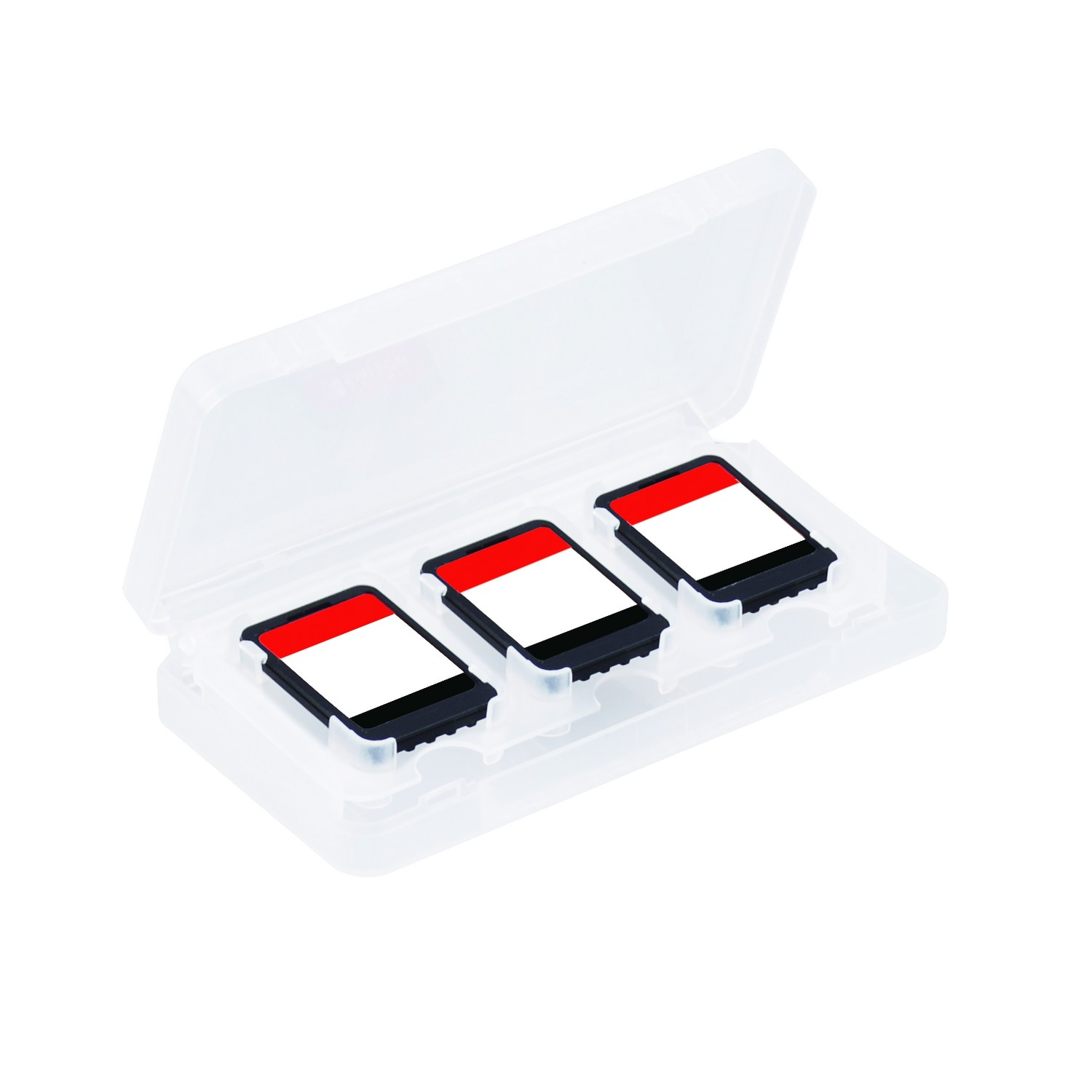Clear plastic case with three SD cards inside, on a white surface.