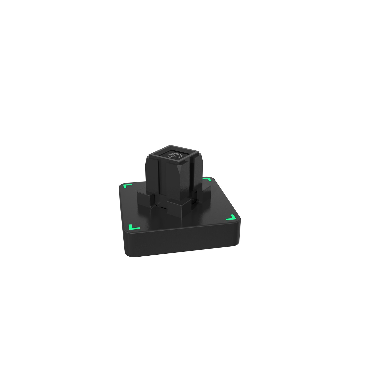 Black square base with green corner lights, and a black square top.