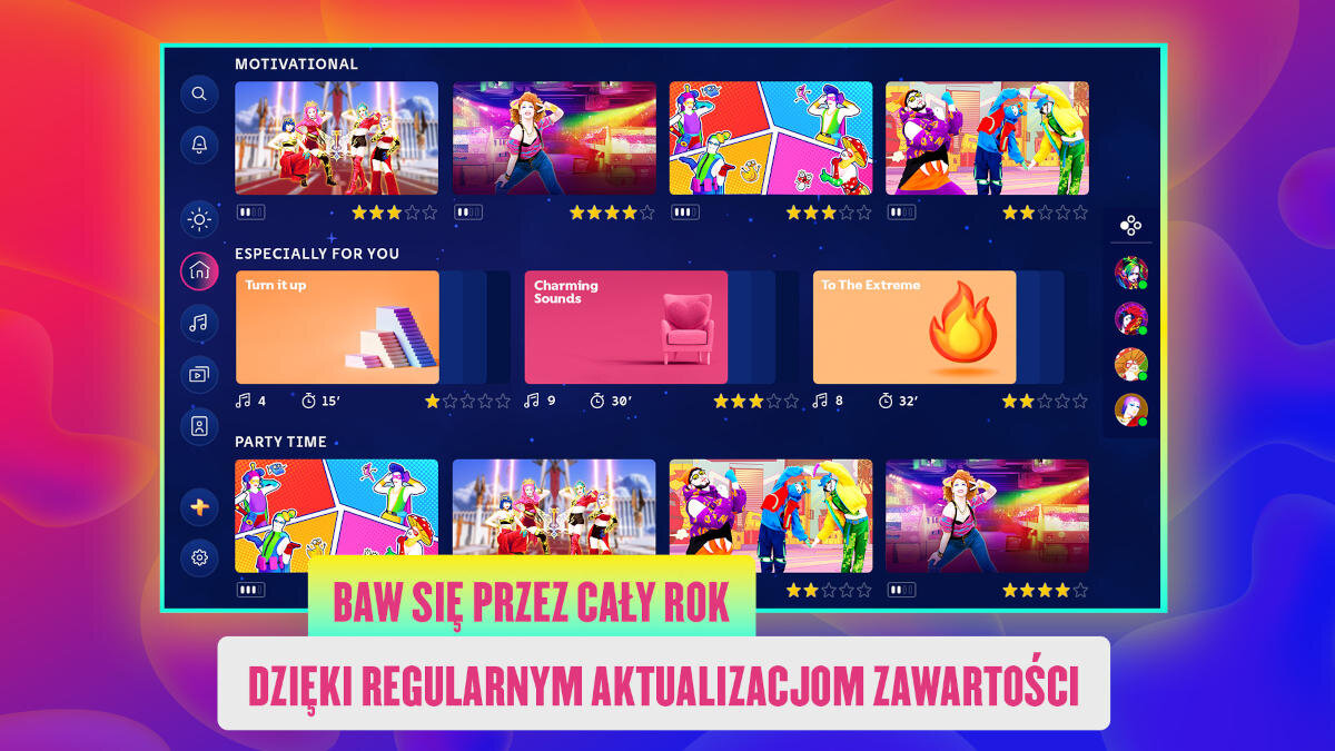 Interfejs gry Just Dance z ruchami tanecznymi, kolorowymi tłami i tekstem po polsku.