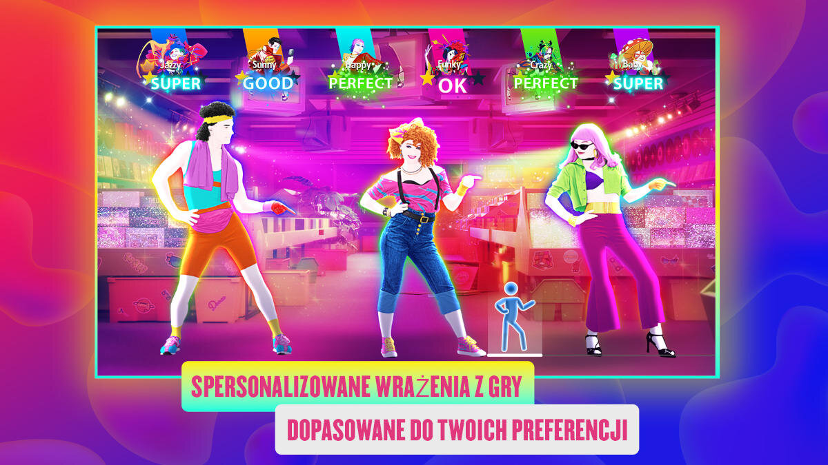 Ekran gry z trzema osobami tańczącymi, wyświetlający słowa Super, Good, Perfect i Ok.