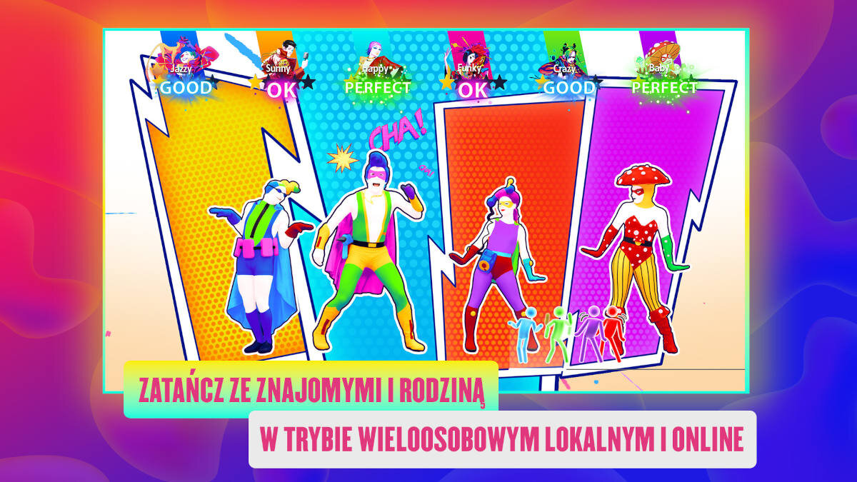 Cztery postacie tańczące w interfejsie gry wideo z tekstem na dole.