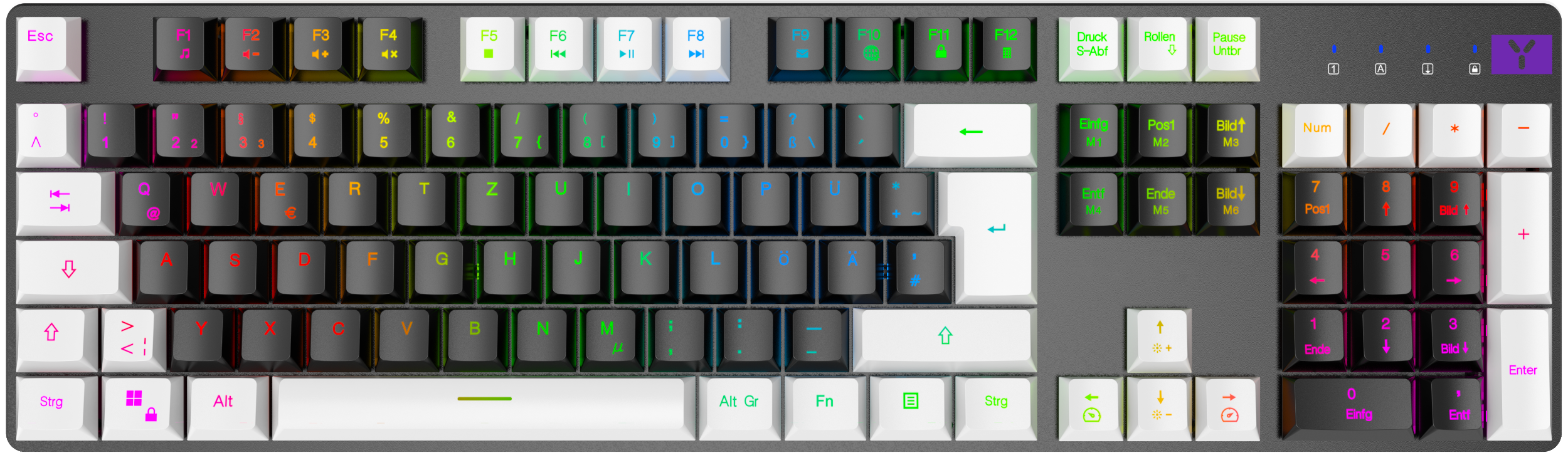 Schwarze Tastatur mit mehrfarbigen Tasten. Weiße Tasten mit Buchstaben und Symbolen.