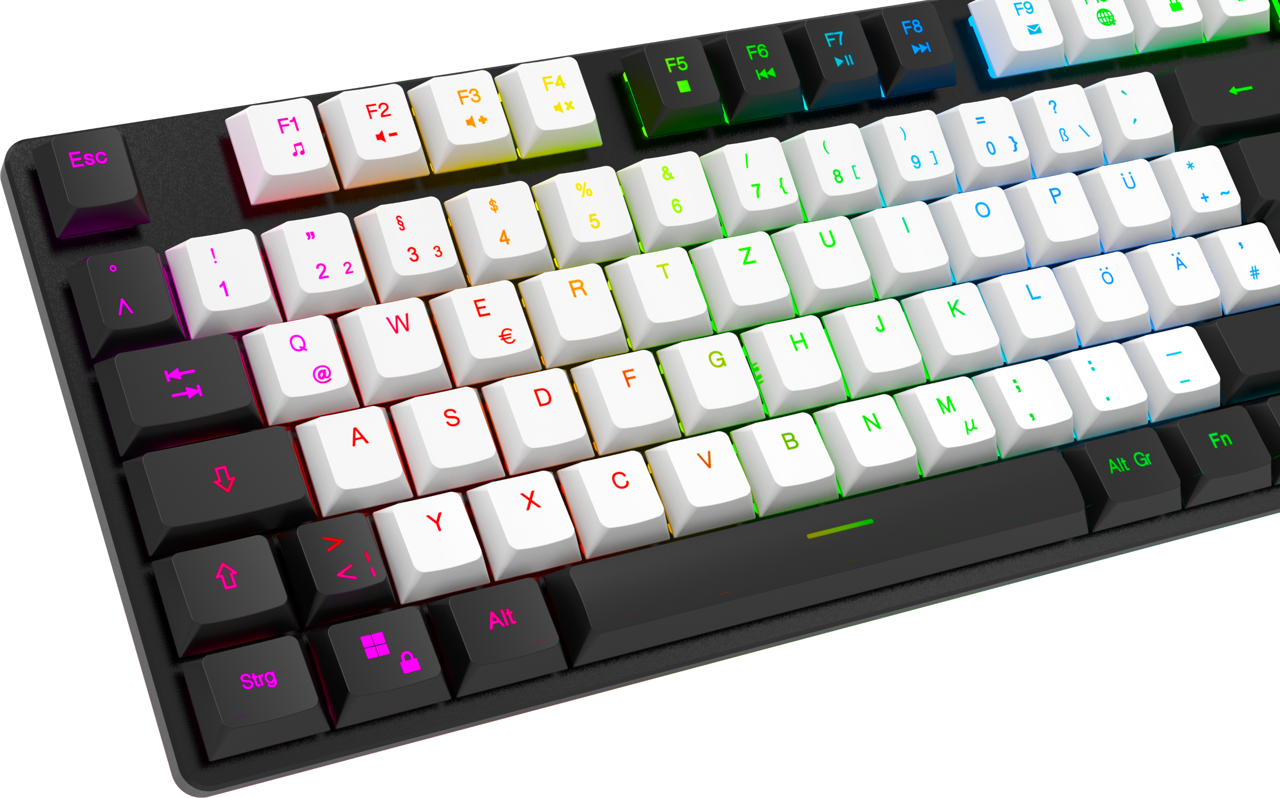 Nahaufnahme einer mechanischen Tastatur mit weißen und schwarzen Tasten. Tasten mit Buchstaben, Zahlen und Symbolen beschriftet, Regenbogenfarben.