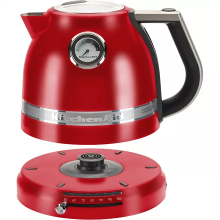 Piros KitchenAid vízforraló fekete fogantyúval, piros alapon, hőmérséklet-szabályzóval.