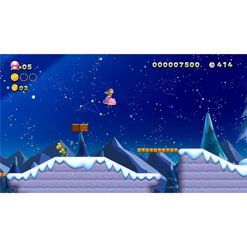 Una escena de videojuego con la Princesa Peach, un Goomba y plataformas en un paisaje nevado.