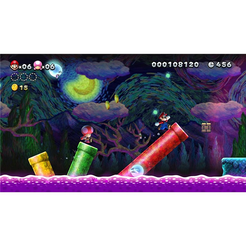 Pantalla del videojuego Super Mario Bros. con personajes y escena.