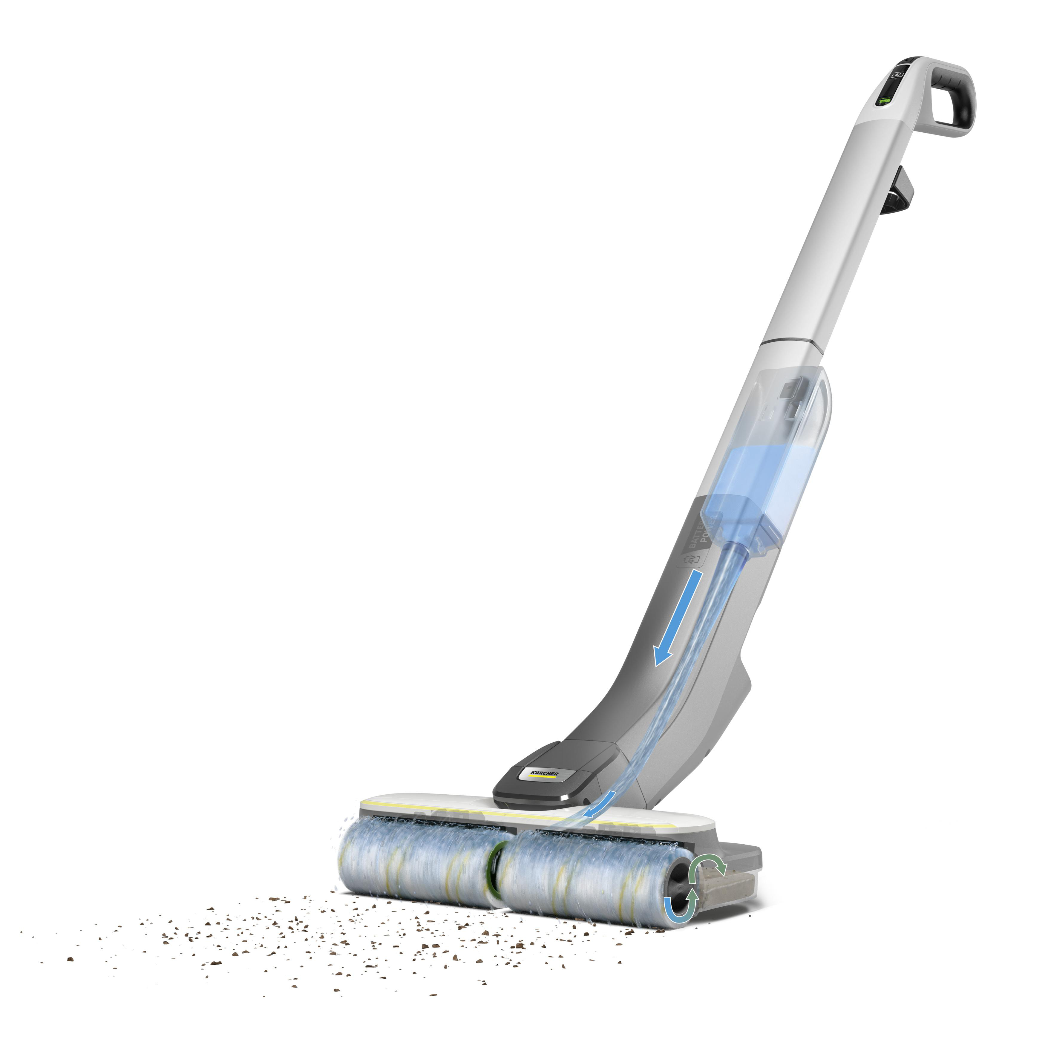 Bodenreiniger mit Wassertank. Schmutz auf dem Boden. Marke Kärcher. Grauer und weißer Reiniger.