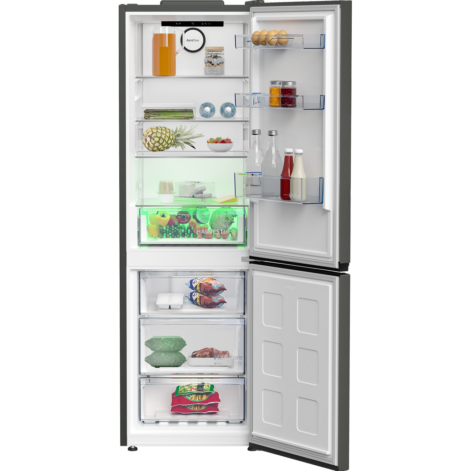 Un réfrigérateur ouvert avec une variété d'aliments et de boissons visibles.