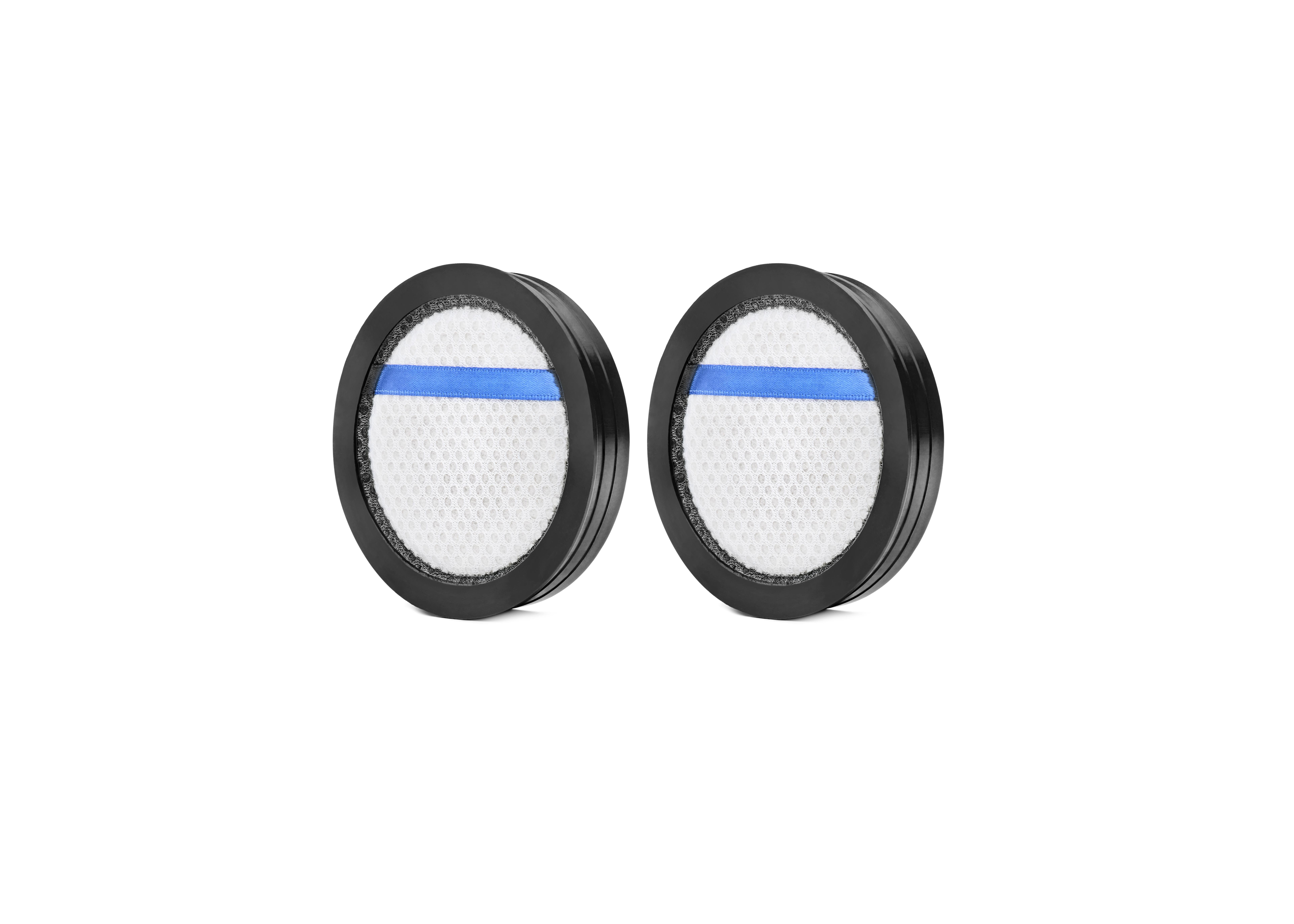 Zwei runde Filter, schwarzer Rahmen, weißes Filtermaterial, blauer Streifen, weißer Hintergrund.