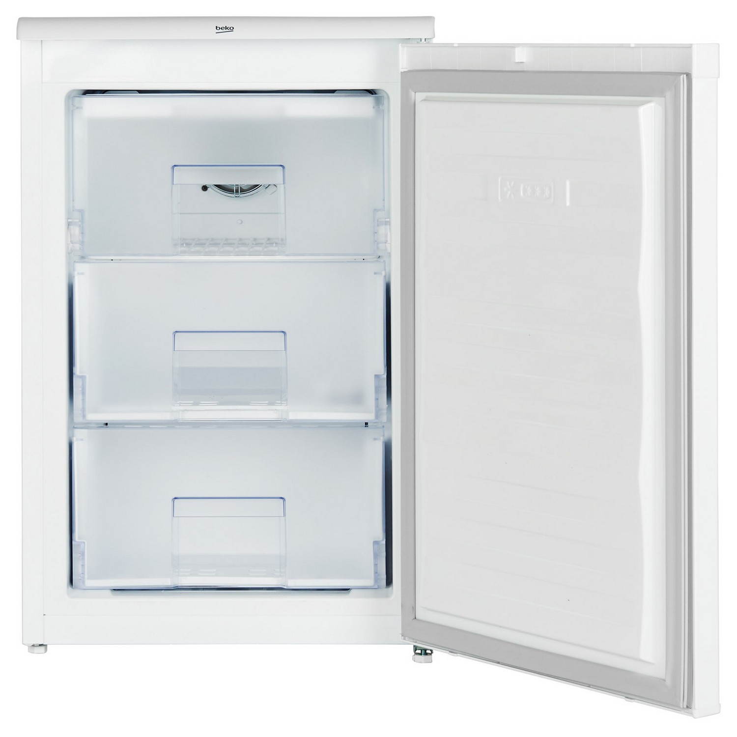 A white freezer, with the door open, revealing three drawers.