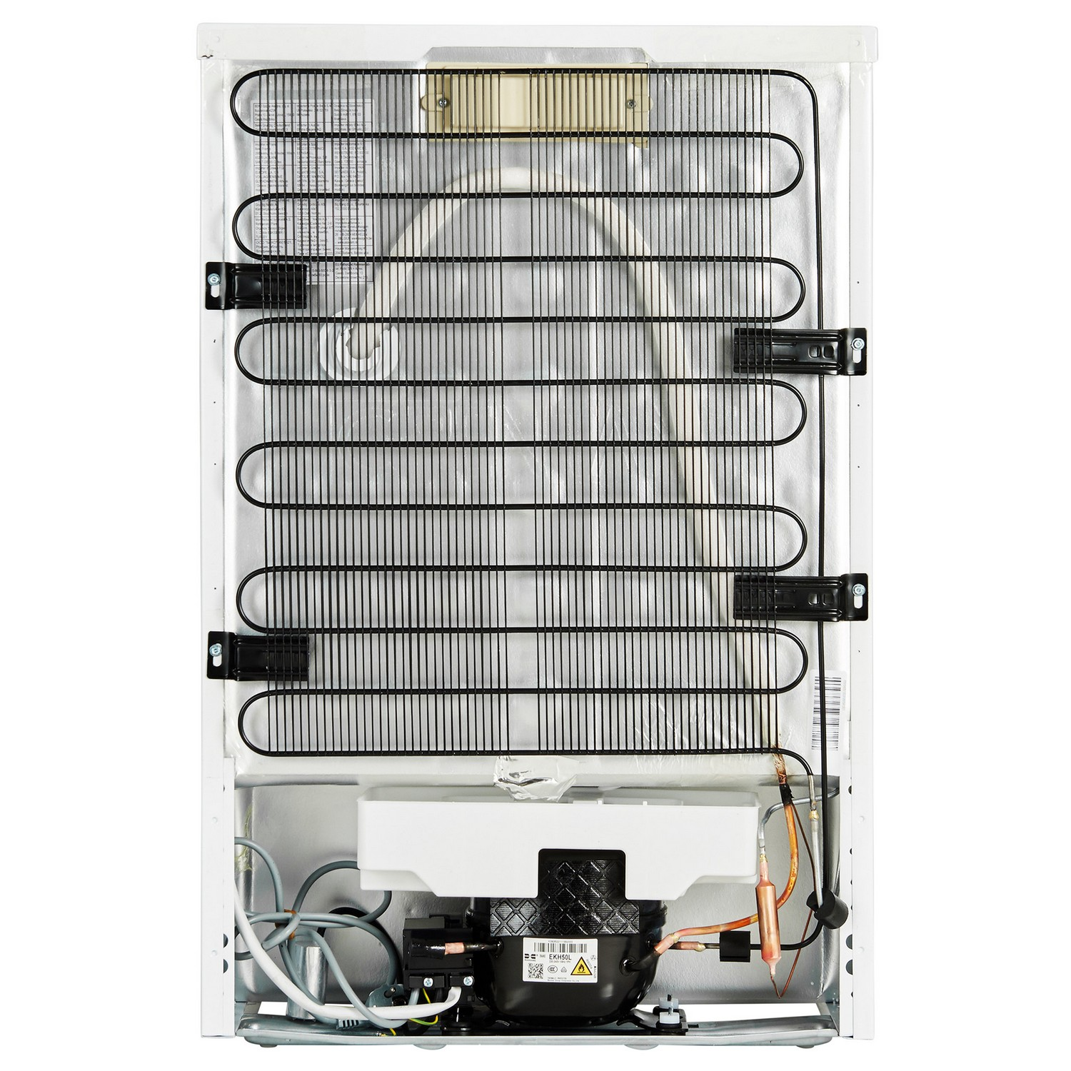 The back of a white refrigerator, showing the cooling system.