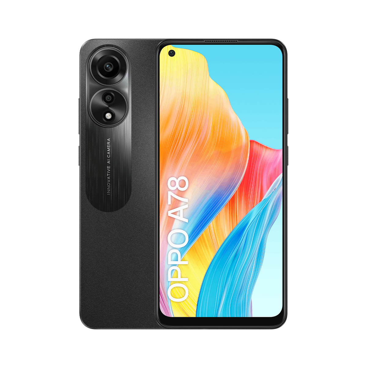 Teléfono negro con pantalla grande. Tiene una cámara en la parte trasera. Se ve la marca OPPO A78.