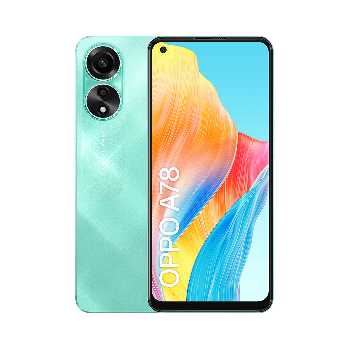 Un smartphone Oppo A78 turquesa con una configuración de cámara dual y una imagen abstracta colorida.