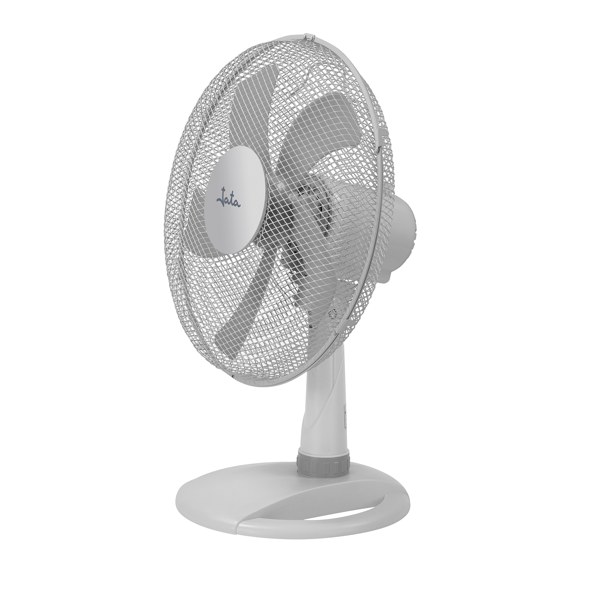 Ventilador eléctrico blanco con rejilla protectora y soporte.
