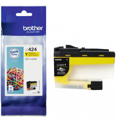 Paquete de cartucho de tinta Brother. El cartucho es amarillo. El embalaje contiene texto y diseño.