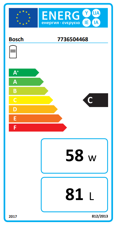 Energiahatékonysági címke egy Bosch készülékhez, C energiaosztály.