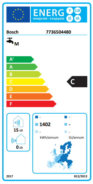 Egy termék energiacímkéje. A C energiahatékonysági besorolást mutatja. Információkat tartalmaz a hangról és a fogyasztásról.